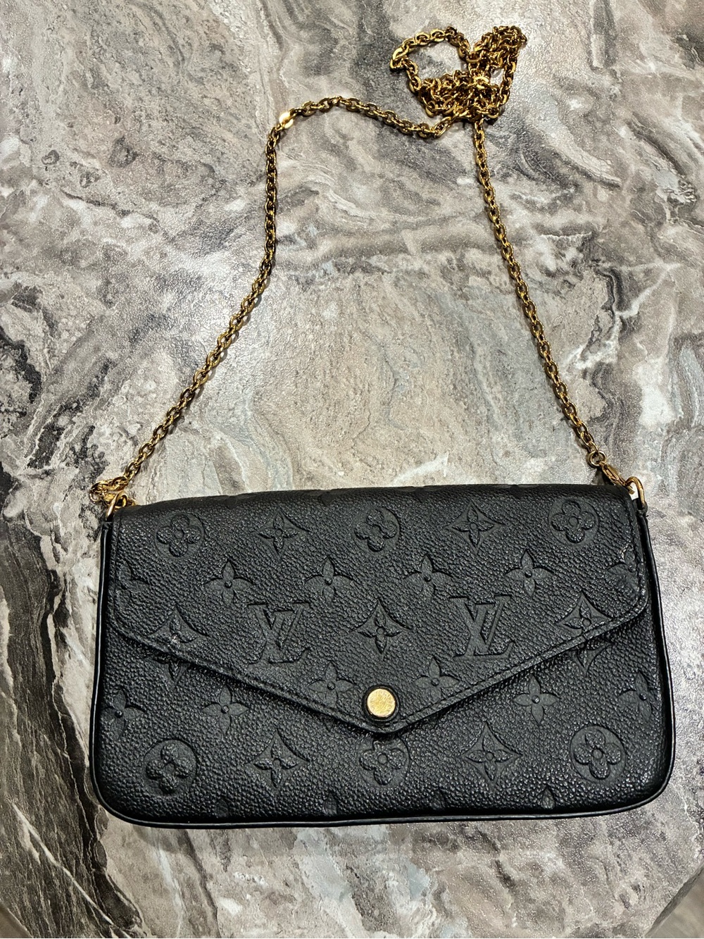 Louis Vuitton Black Embossed Monogram Chain Crossbody Bag with Gold Chain